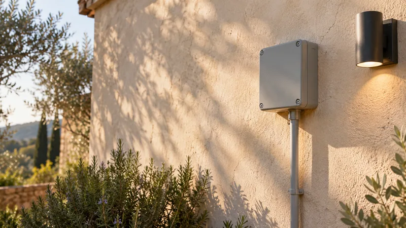 Applique LED extérieure et coffret étanche sur un mur de façade