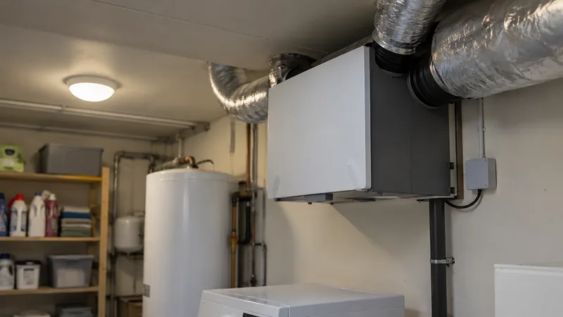 Caisson de VMC double flux et gaines isolées dans un local technique